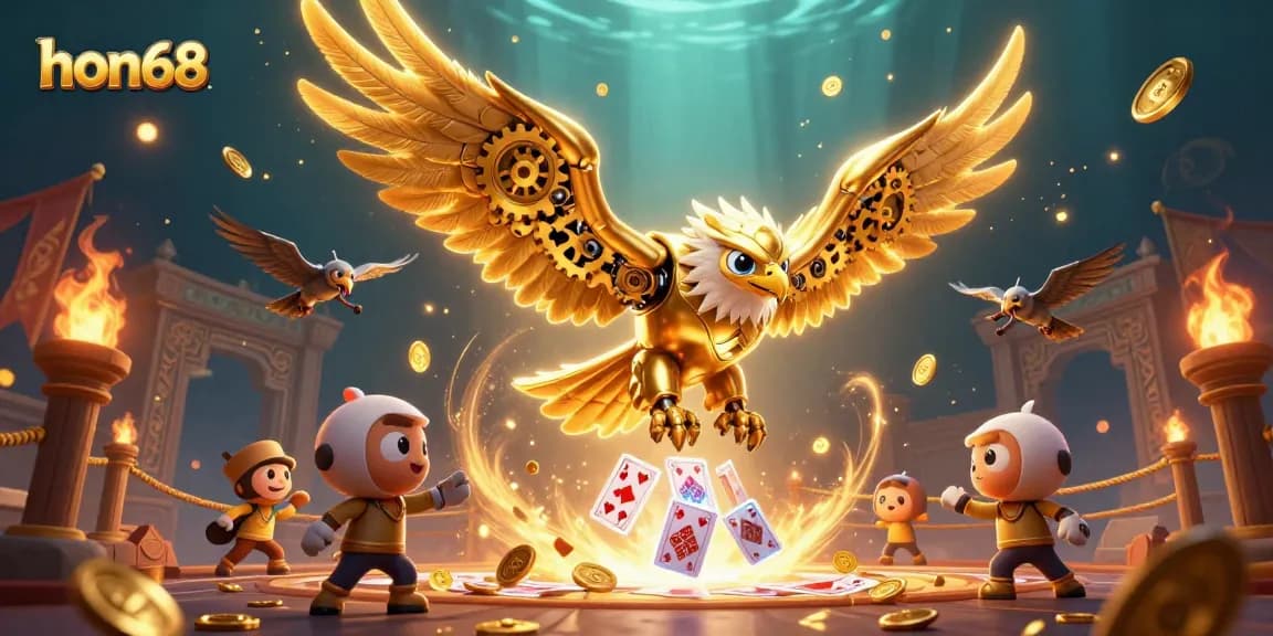 Experience winning thrills with hon68 as a majestic eagle dives through holographic casino treasures.