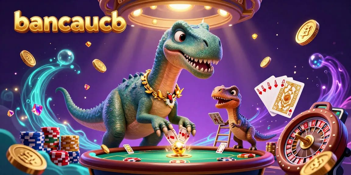 Engage in thrilling casino action with bancaucb, showcasing a giant brontosaurus interacting at a poker table.