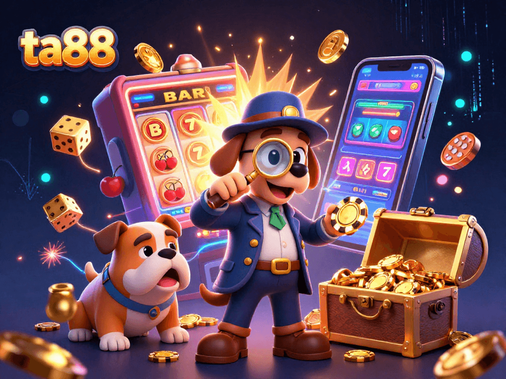 Spin and win on ta88 with a 3D detective discovering poker chips and treasures in a vibrant casino