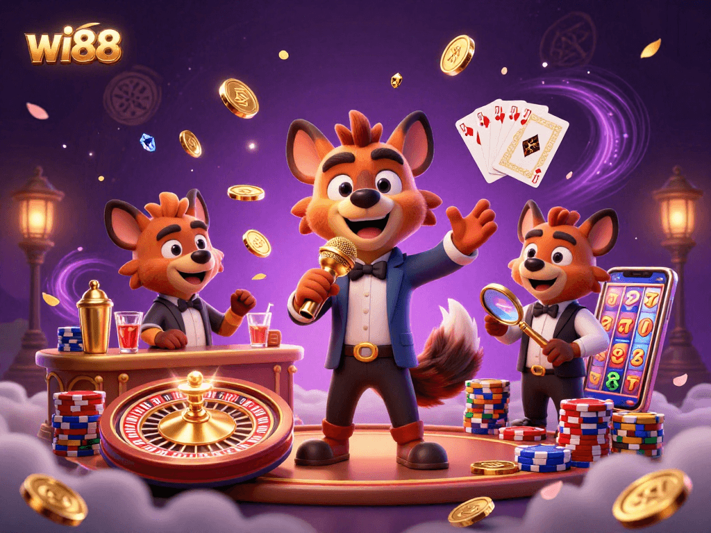 The vibrant scene showcases wi88 with hyenas in a casino, depicting a fun atmosphere filled with coins and game elements.