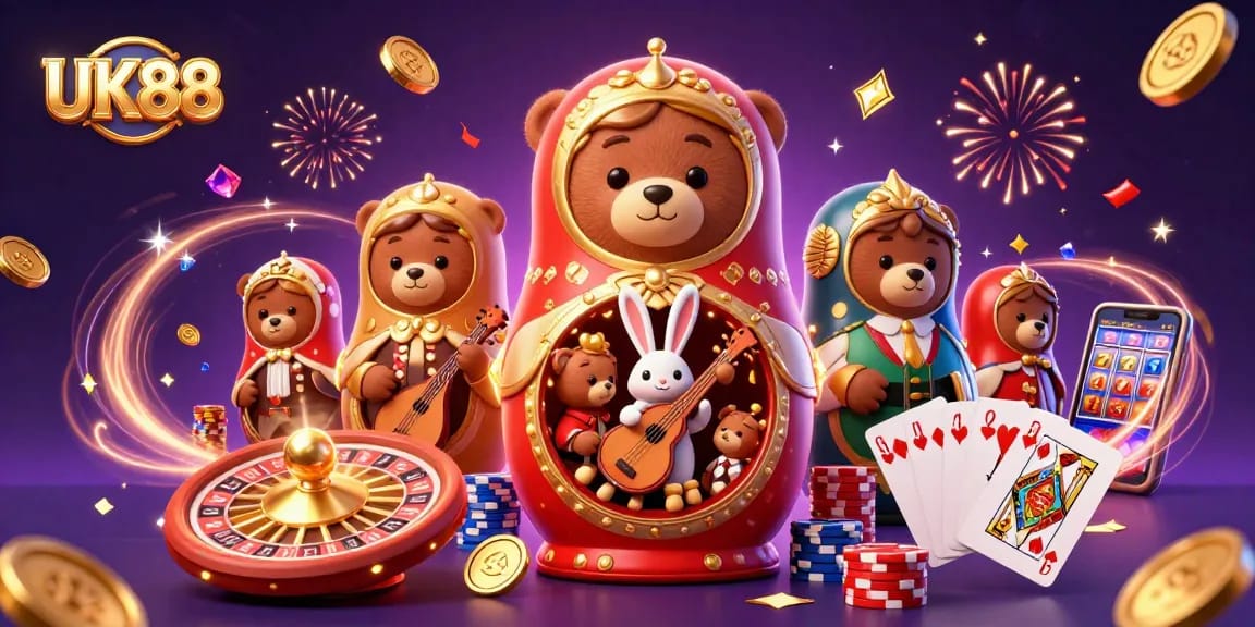 Engage in winning strategies at UK88 with vibrant casino-themed illustration featuring multiple game elements.