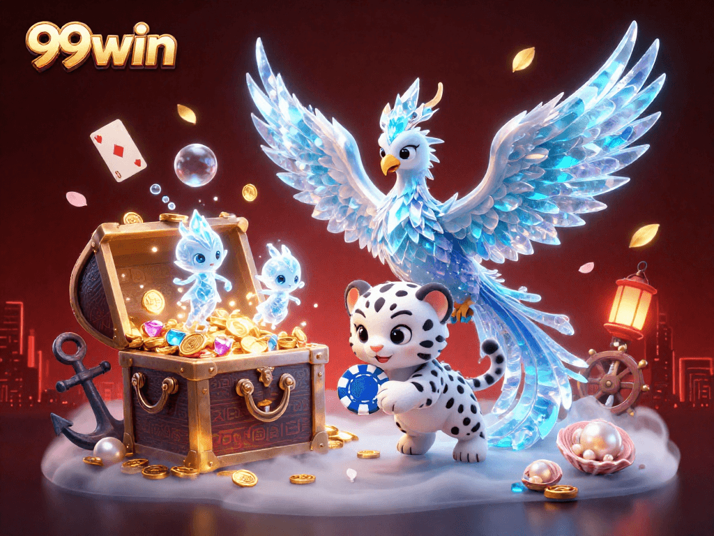 Engage with the thrilling world of 99win, featuring an ice phoenix and poker chip in a vibrant casino scene.