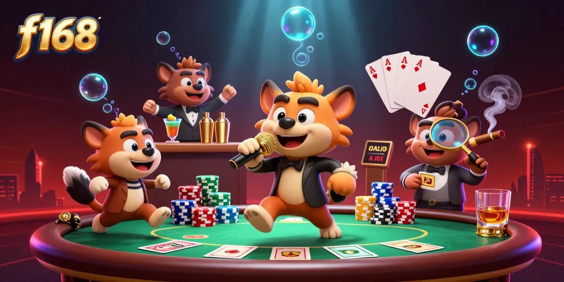 f168 hyena casino scene with stand-up comedian, bartender, and bouncer at a vibrant comedy club