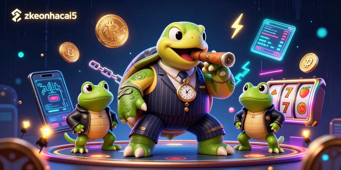 Engage with zkeonhacai5 in this vibrant 3D scene of a snapping turtle casino boss overseeing an electrifying gambling floor.