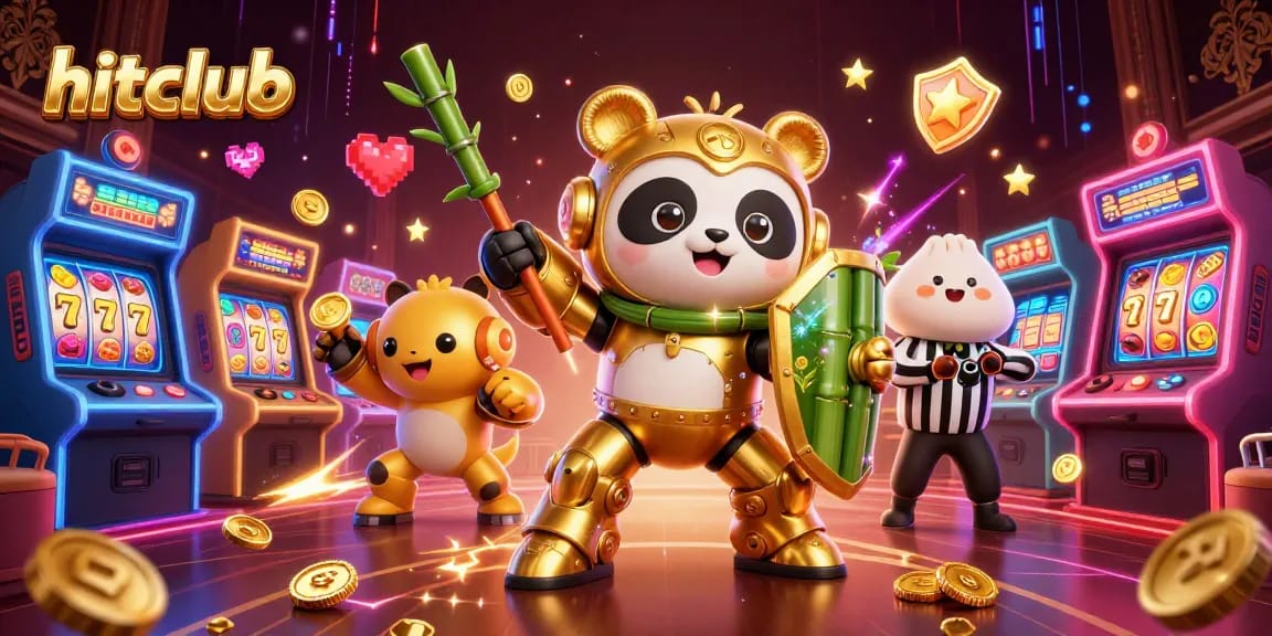 hitclub showcases a dynamic casino scene with a mech-suit panda and gaming elements.