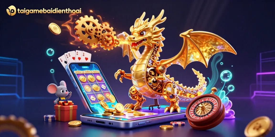 Experience the thrill of taigamebaidienthoai with a golden dragon and dynamic gaming elements in a vibrant casino scene.