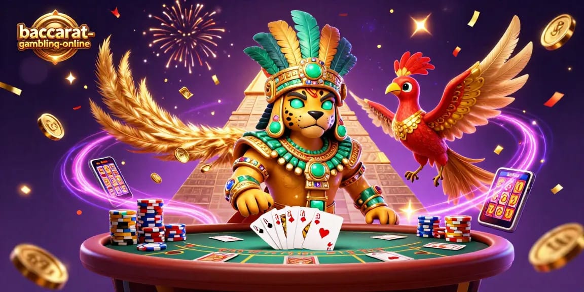 Baccarat-gambling-online showcases a thrilling 3D scene featuring a Mayan priest amidst vibrant casino elements like dazzling cards and coins.
