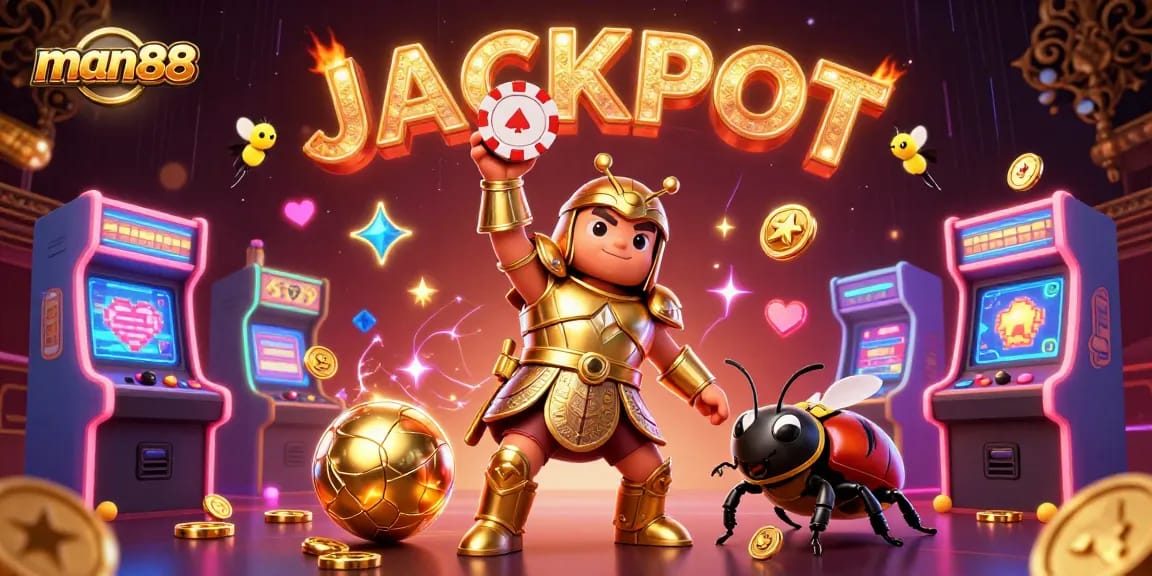 man88 elevates excitement in a vibrant 3D casino scene with a victorious beetle and glowing jackpots.