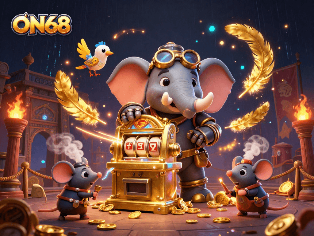 Engage in thrilling gameplay at ON68 with a dynamic casino scene showcasing steampunk characters and jackpot excitement.