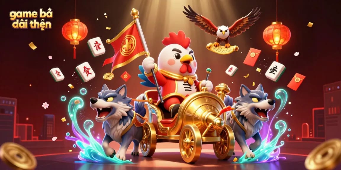 Engage with game bài đổi thưởng through a vibrant 3D illustration of a rooster warlord and dynamic casino elements.
