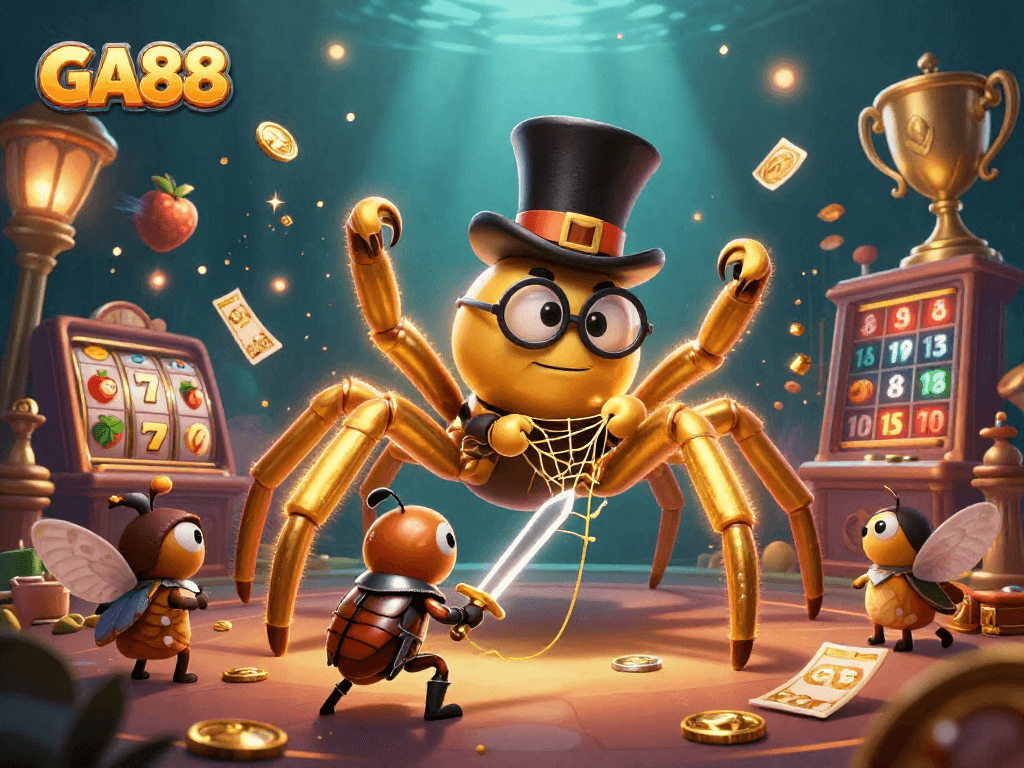Engage with GA88 in a vibrant casino scene featuring a golden tarantula and beetle knight.