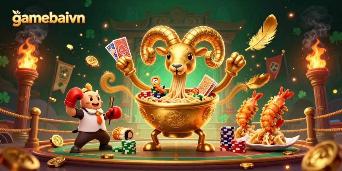 Gamebaivn's poker showdown features a giant ramen bowl dealer stacking chips in a vibrant arena.