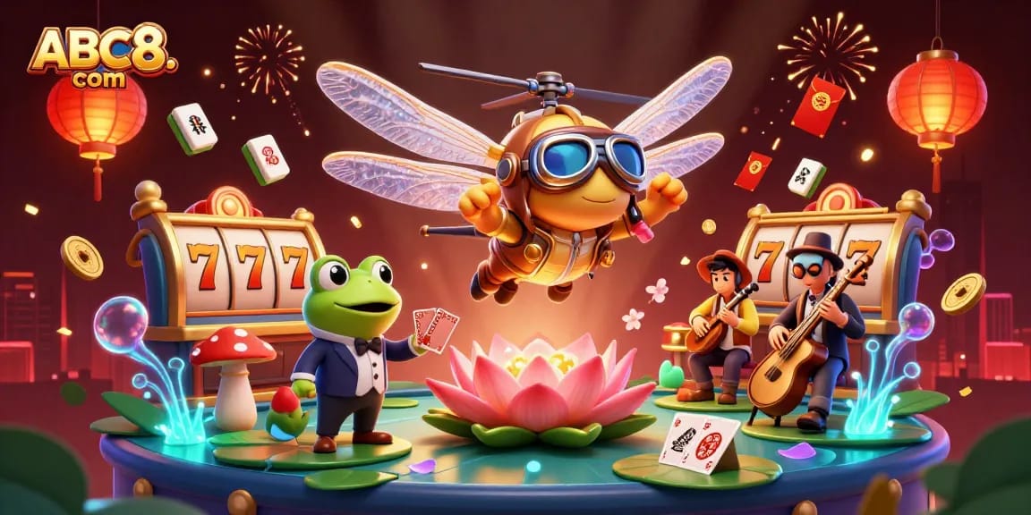 Experience thrilling gaming at ABC8. com with a lively casino illustration featuring dynamic characters and festive elements.