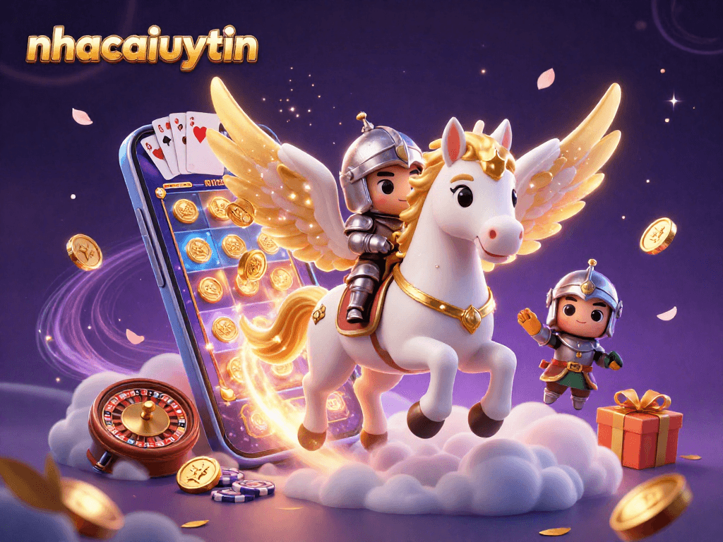 Experience the thrill of nhacaiuytin with a magical casino scene featuring a galloping celestial horse and gaming elements.