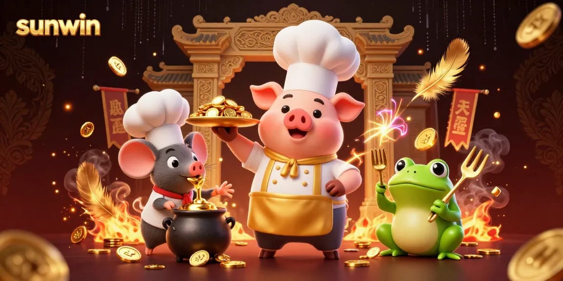 Win big with sunwin as the chef pig serves gold coins amidst vibrant casino elements.