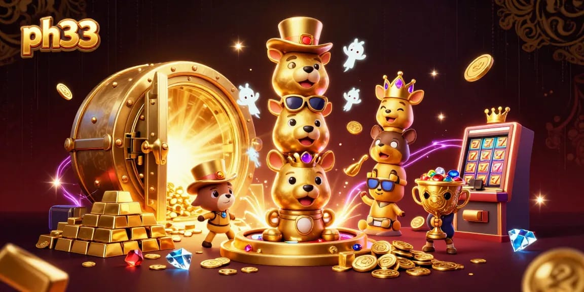 Engage in thrilling gaming at ph33 with vibrant 3D casino illustration featuring slot machines and treasures.