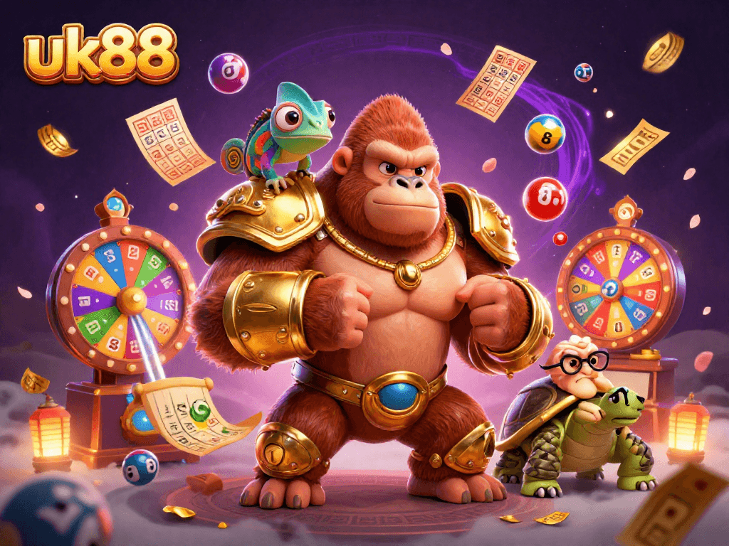 Experience uk88's vibrant gaming atmosphere with powerful characters in a colorful casino scene.