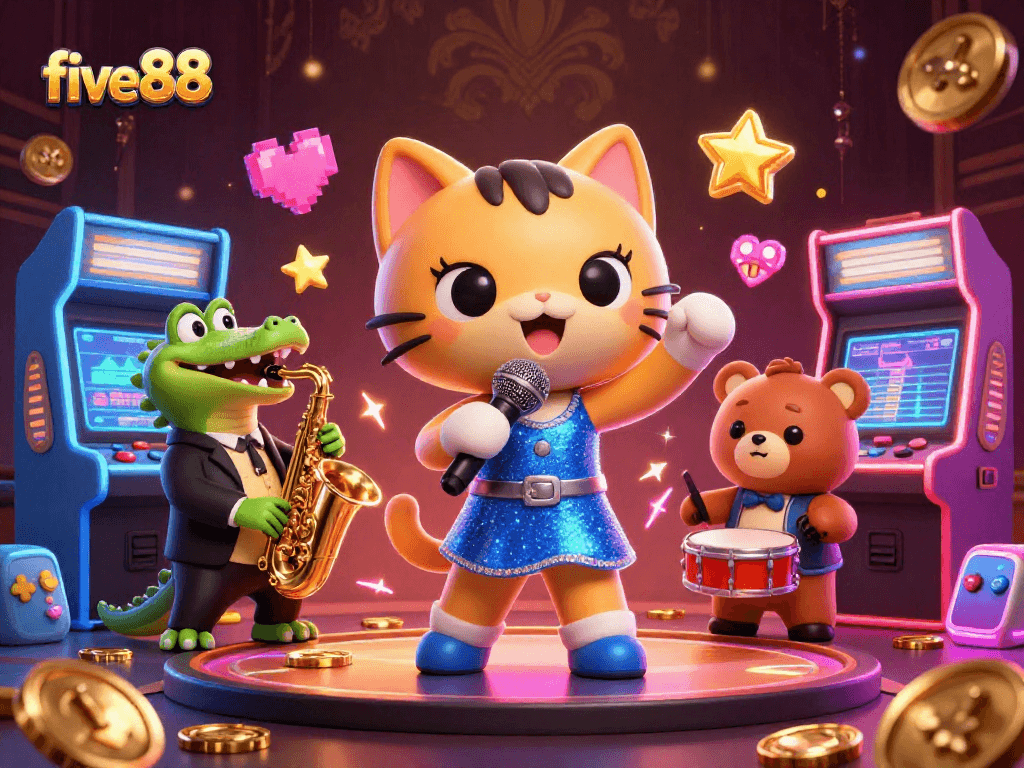 Experience the excitement of five88 with a jazz-singer cat and casino-themed characters.