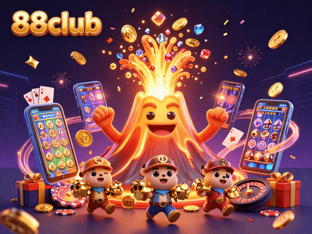 Engage in exhilarating gaming action with 88club's vibrant illustration featuring slot games, golden volcanoes, and exciting treasures.