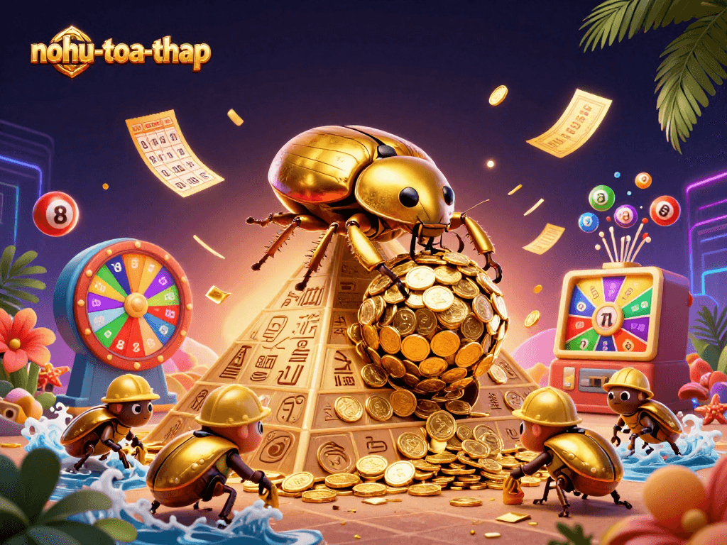 Experience exciting winnings with nohu-toa-thap as a golden dung beetle rolls a jackpot of coins.