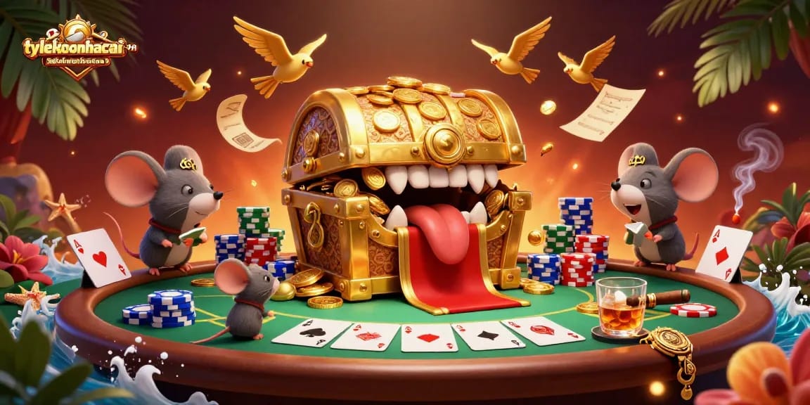 Engage with tylekeonhacai-vn in an action-packed casino scene featuring a treasure chest and poker elements.