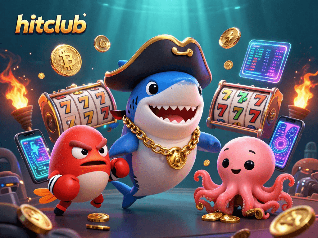 Hitclub's vibrant casino scene features a shark pirate and friends engaging in thrilling slot play.
