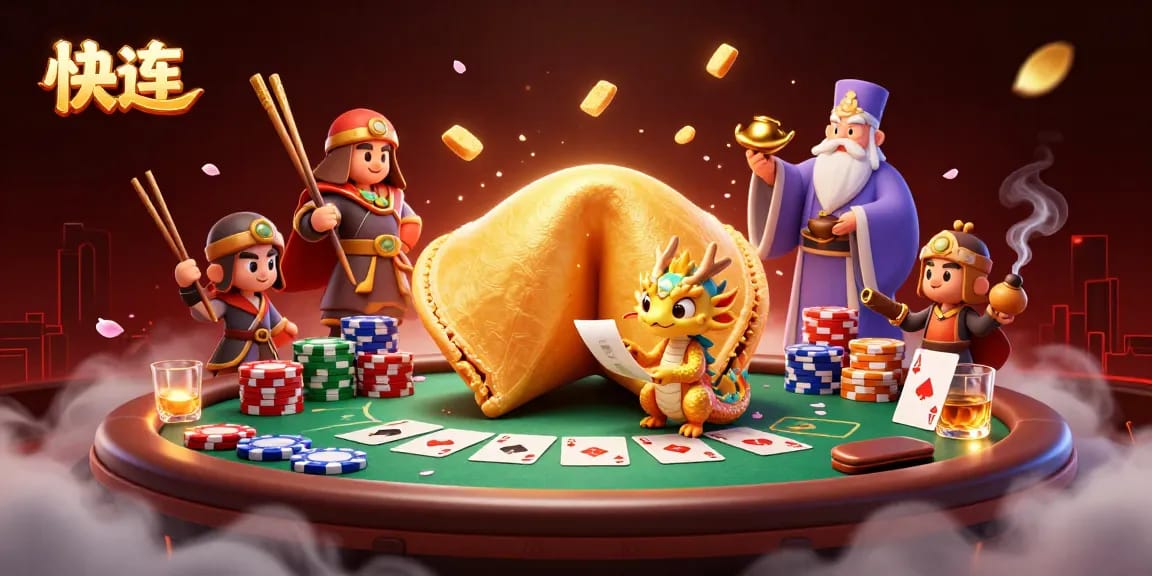 Experience the thrill of快连 with a dynamic 3D illustration of epic gambling characters and poker elements.