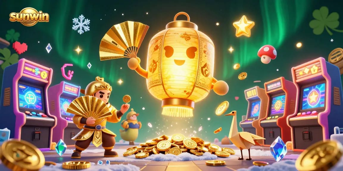 Experience the thrill of sunwin with vibrant gaming characters and golden elements in a casino setting.
