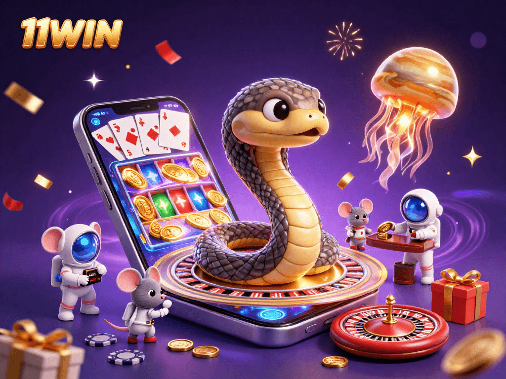 Experience the thrill of betting at 11WIN with vibrant casino elements surrounding a cosmic roulette scene.