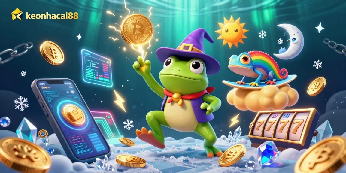 Experience gaming excitement with keonhacai88, featuring a wizard frog amidst a storm of golden coins.