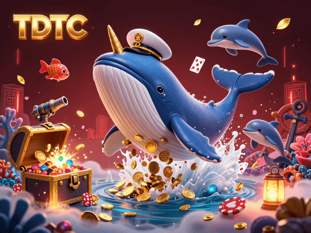 Engage with the vibrant TDTC casino scene featuring a whale and playful dolphins amidst gold coins.