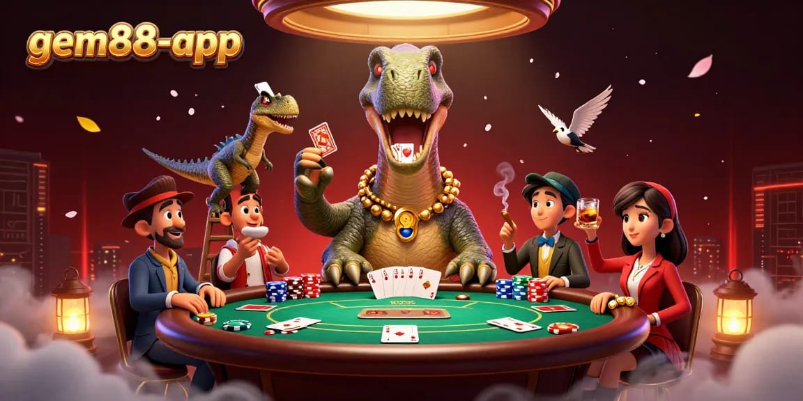Play poker and win big with the gem88-app, featuring vibrant characters in a thrilling casino scene.