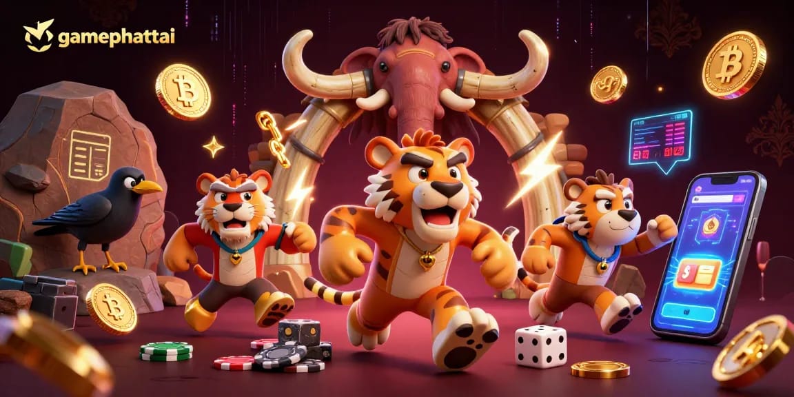 Spin the reels with gamephattai in a vibrant prehistoric casino filled with crypto treasures.