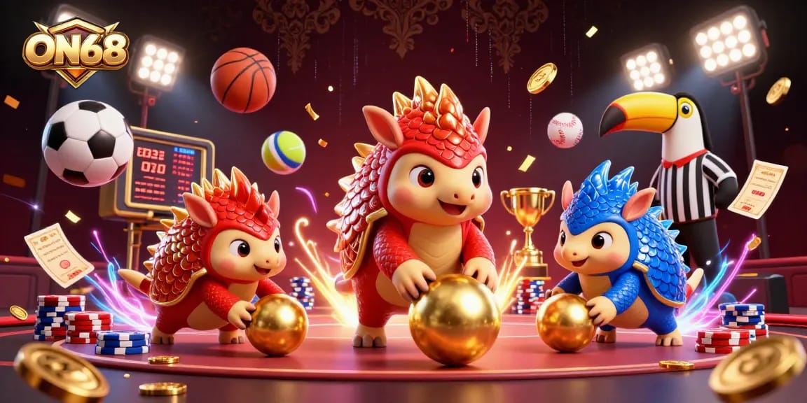 ON68 showcases intense competition between cartoon pangolins in a vibrant gaming scene filled with poker chips and sports elements.