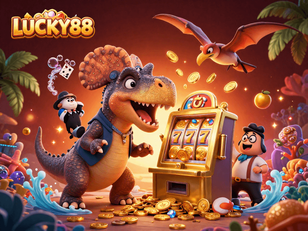 LUCKY88 players enjoying a jackpot win with a cartoon dinosaur and dynamic casino elements