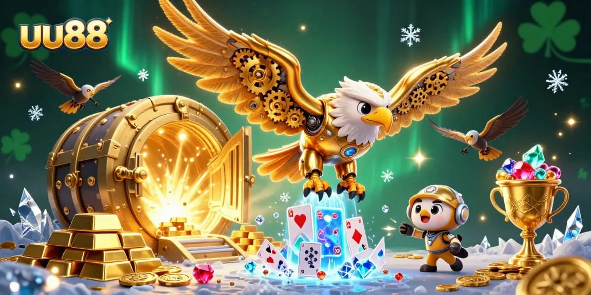Experience thrilling gaming at uu88 with a dynamic 3D illustration of a golden eagle amid a treasure vault.
