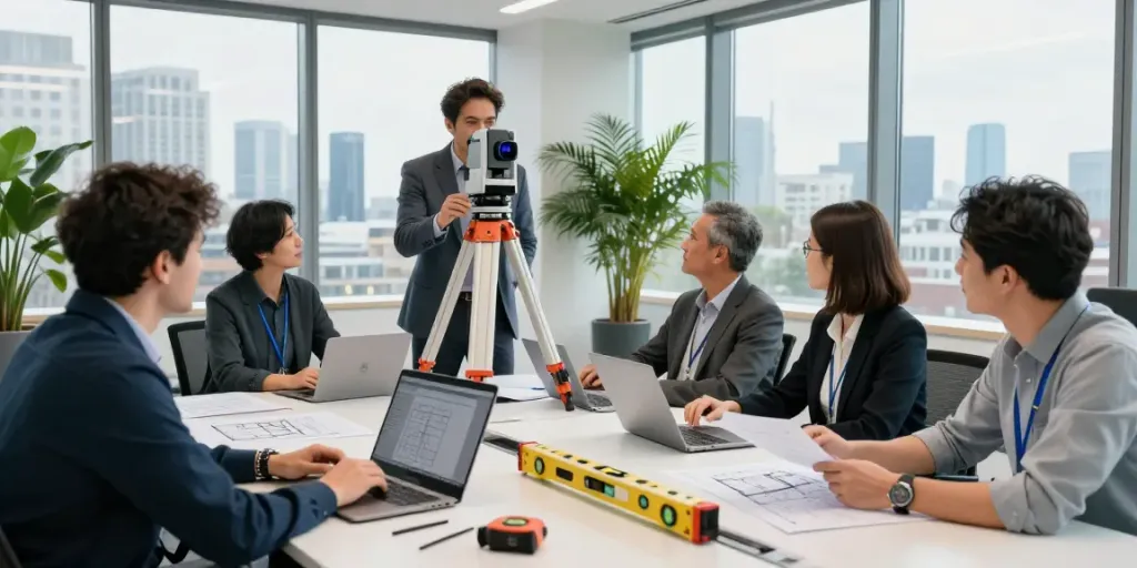 Measured Building Surveyors Surrey team collaborating on property surveys in a modern office.