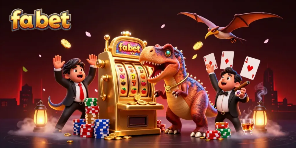 Experience the thrill of fa bet as a cartoon dinosaur wins big at a rich casino scene.