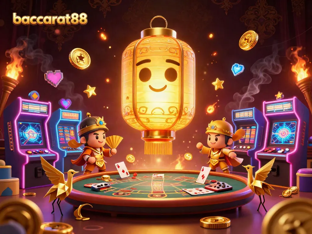 Baccarat88 features a golden lantern spirit amidst a vibrant casino scene filled with game elements.