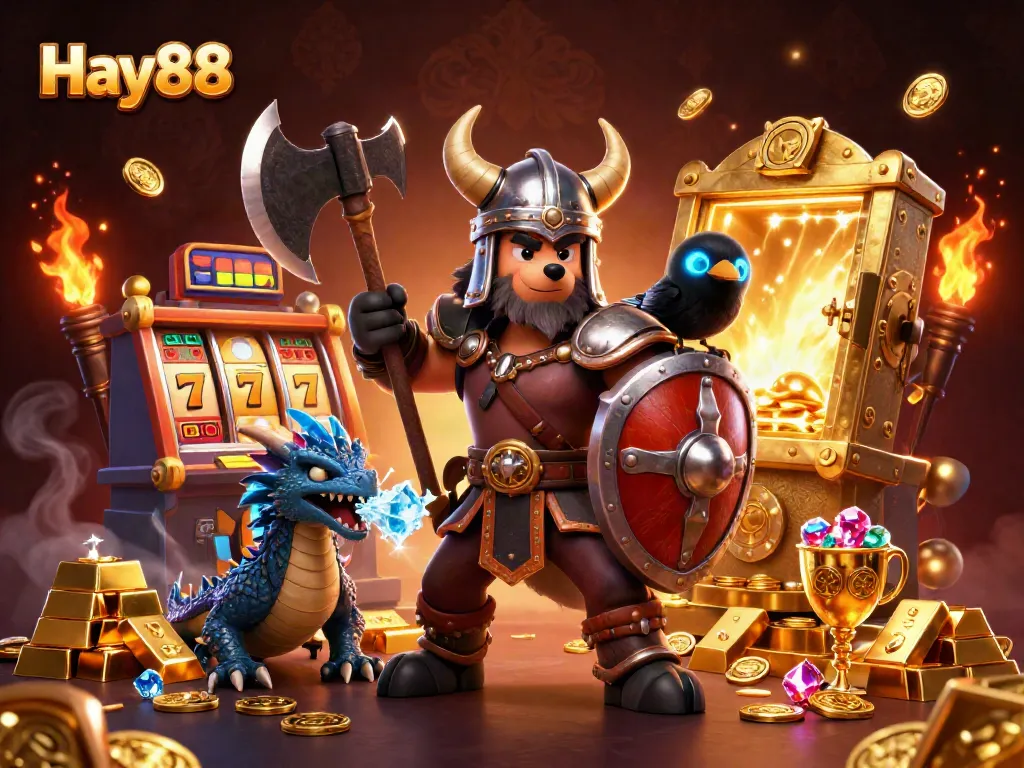 Experience thrilling action at Hay88 with a Viking wolf warrior, fierce dragon, and sparkling treasure!