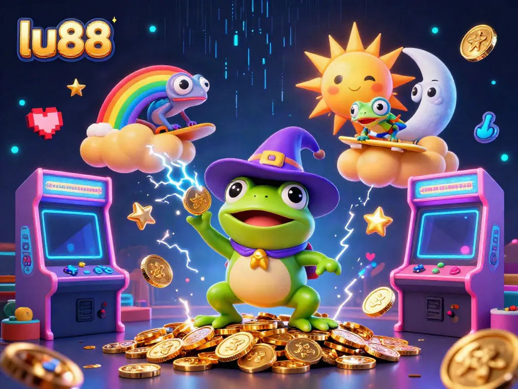 Experience the thrill with lu88, where a wizard frog creates a golden coin storm in a vibrant casino scene.
