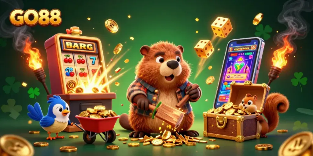Experience exciting wins at GO88 with a dynamic scene of a beaver and friends celebrating gambling success amidst golden treasures.