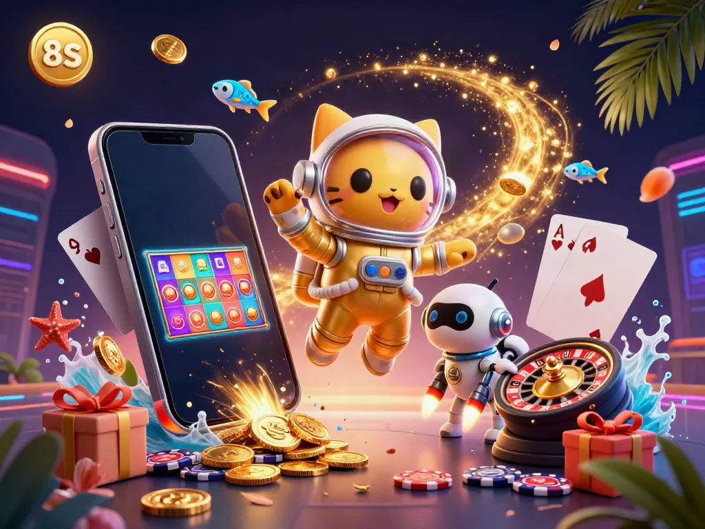 Engage with the 8S casino adventure featuring a space cat and robot dog amidst vibrant slot games and dynamic golden elements.