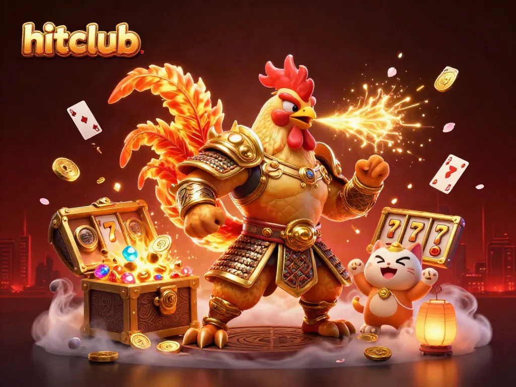 Engage in thrilling gaming at hitclub with a powerful rooster warrior and dragon amidst a vibrant casino scene.