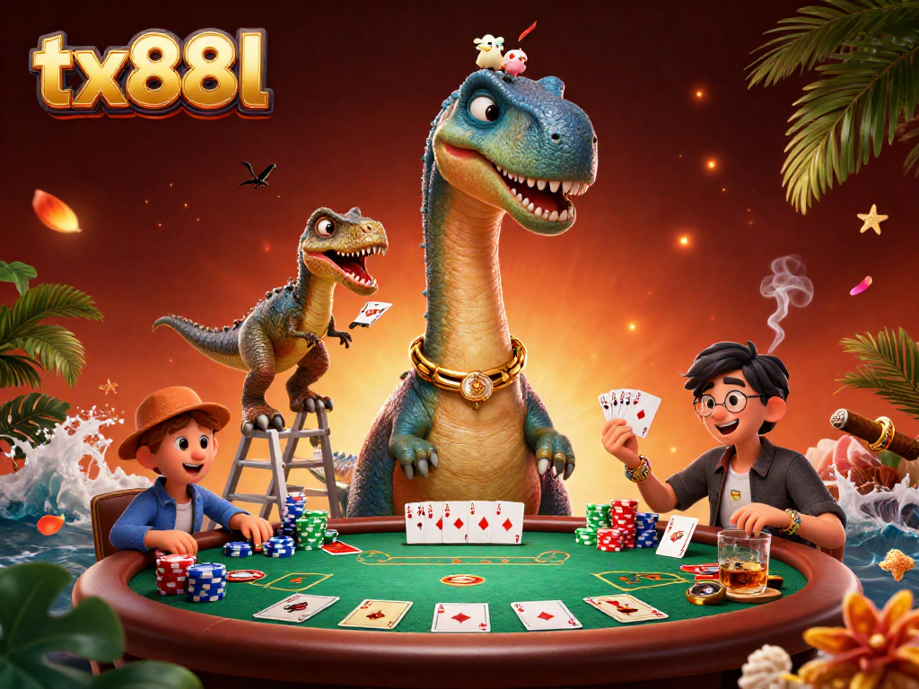Engage with high-stakes gaming at tx88l, featuring a playful dinosaur and poker scene.