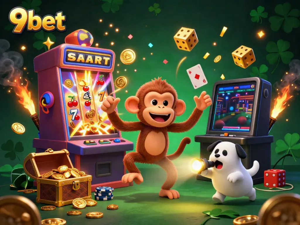 Experience 9bet's lively casino scene with a poltergeist monkey and ghost-hunter puppy tracking golden treasures.