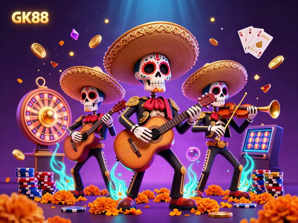 Experience the excitement of GK88 gaming with a vibrant mariachi band, cascading coins, and sparkling gems.
