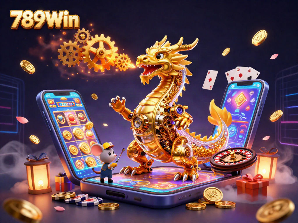 Engage with exciting slot games and golden wins at 789Win, featuring a vibrant casino scene.