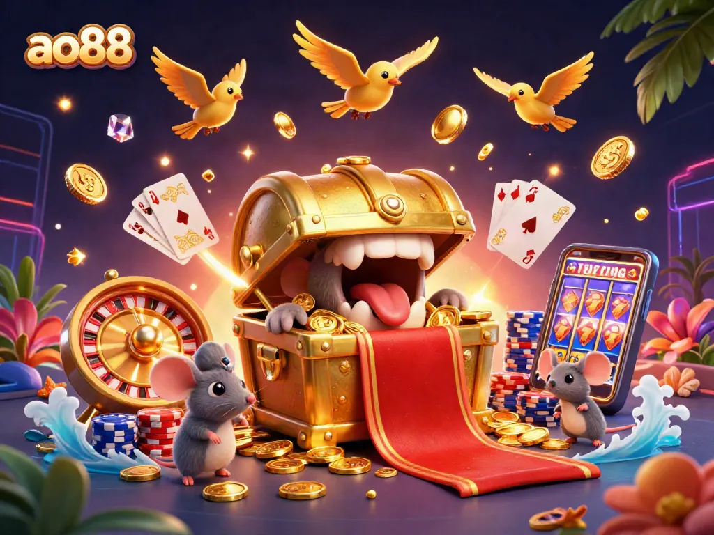 Experience incredible odds with ao88's exciting casino adventures, showcasing treasure chests and golden riches.