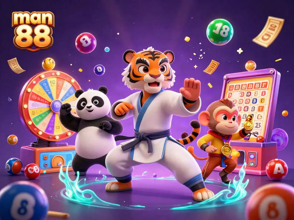Engaging illustration of man 88's vibrant lottery scene with tiger master, panda disciple, and playful monkey, capturing excitement.